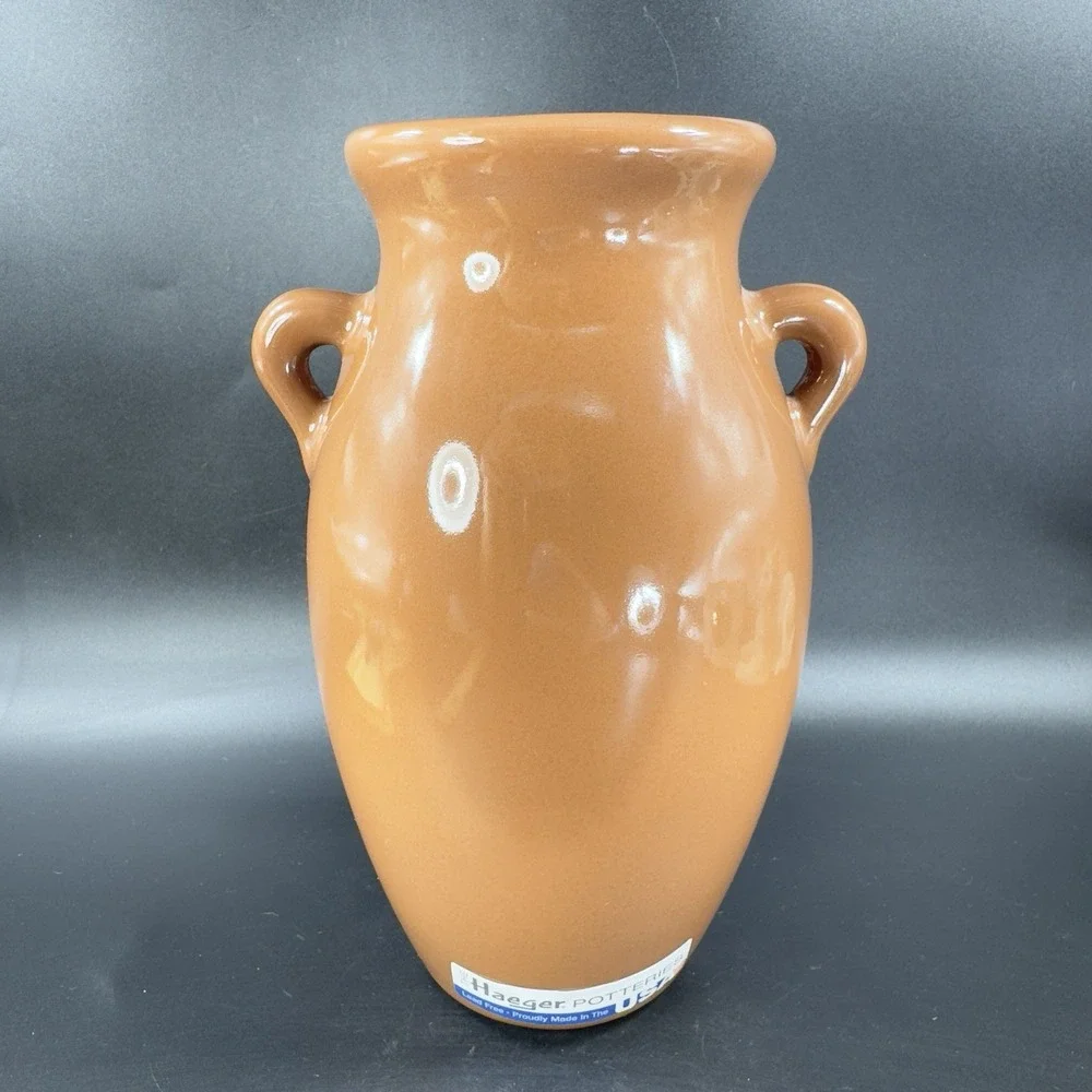 Haeger Pottery Brown Glaze Vase Vessel Jug With Small Handles Original Label USA
